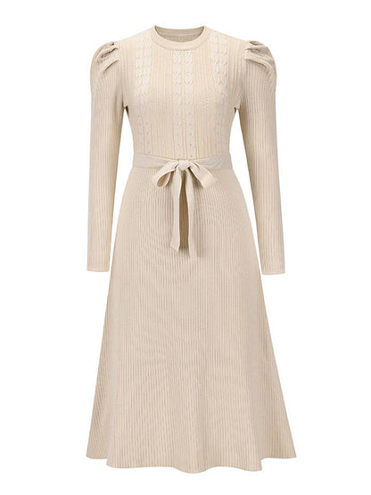 Cocolii robe pull femme en maille trapèze ceinture col rond manches bouffantes manches longues doux élégant d'hiver