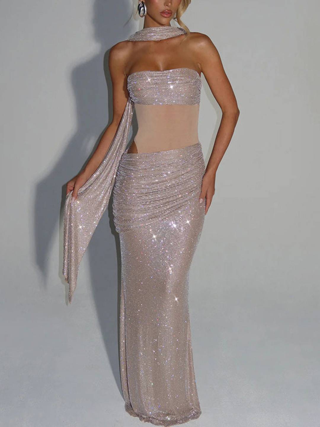 Cocolii robe de soirée femme longue bustier brillante paillette moulante découpes élégant cocktail cérémonie