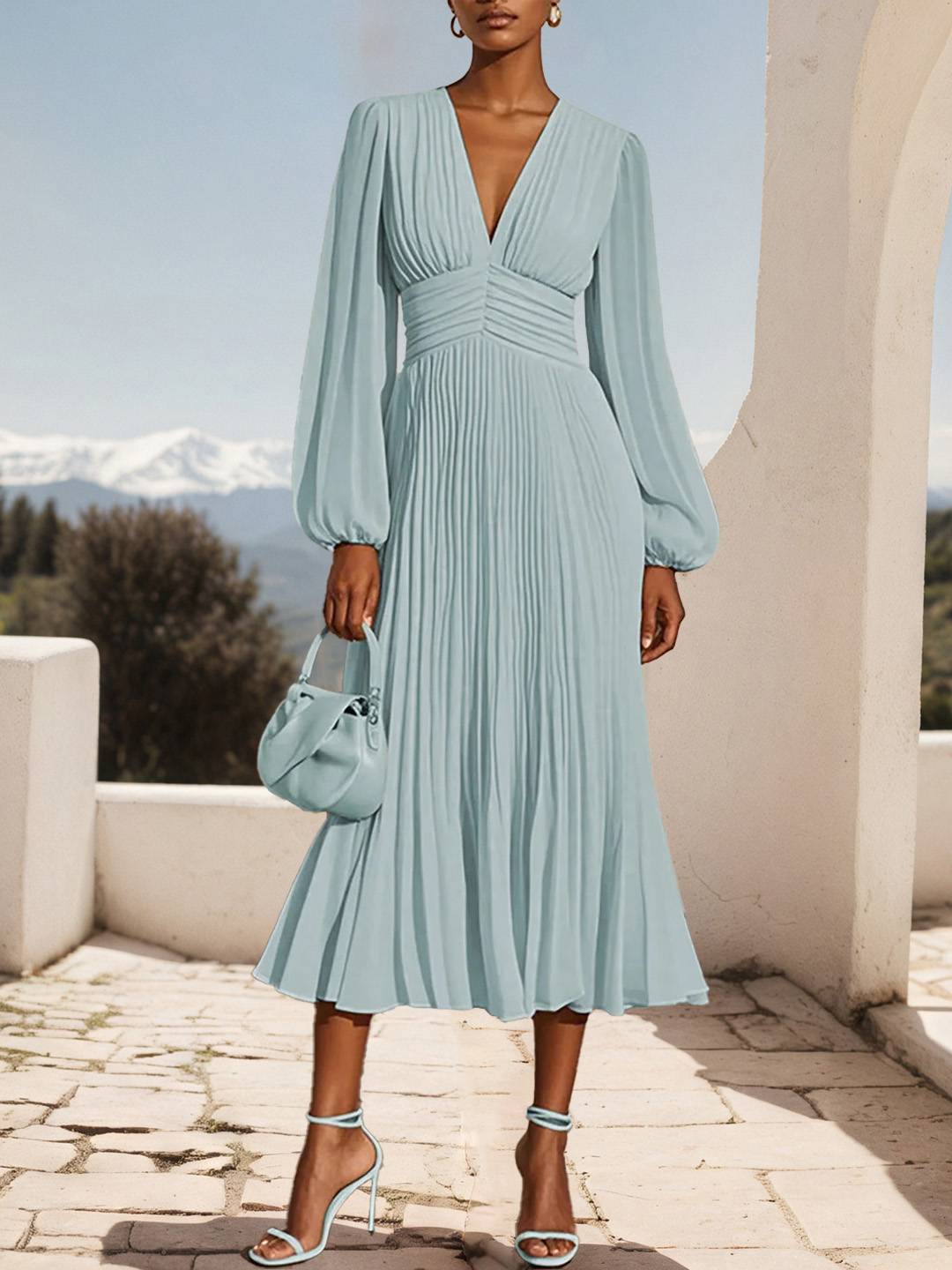 Cocolii mi-longue robe en mousseline plissée v-cou manches longues élégant décontracté de soirée robe bal de promo cérémonie