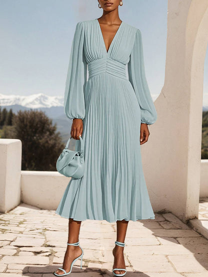 Cocolii mi-longue robe en mousseline plissée v-cou manches longues élégant décontracté de soirée robe bal de promo cérémonie