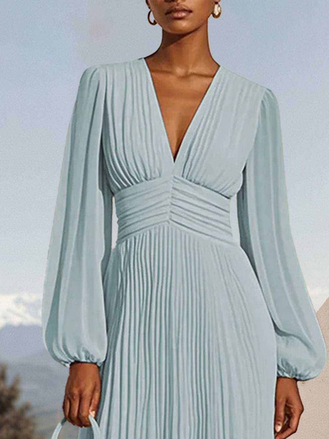 Cocolii mi-longue robe en mousseline plissée v-cou manches longues élégant décontracté de soirée robe bal de promo cérémonie