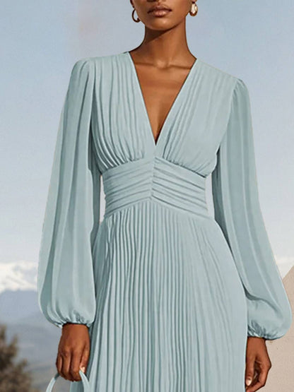 Cocolii mi-longue robe en mousseline plissée v-cou manches longues élégant décontracté de soirée robe bal de promo cérémonie