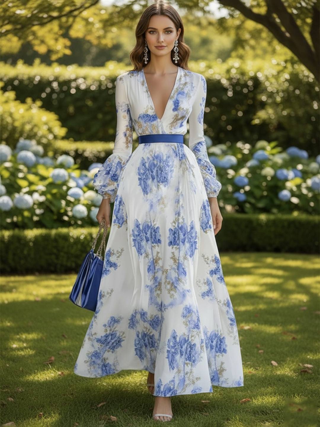 Cocolii robe longue en mousseline imprimé à fleurie v-cou manches évasées manches longues femme vintage bohème