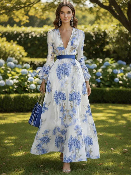 Cocolii robe longue en mousseline imprimé à fleurie v-cou manches évasées manches longues femme vintage bohème