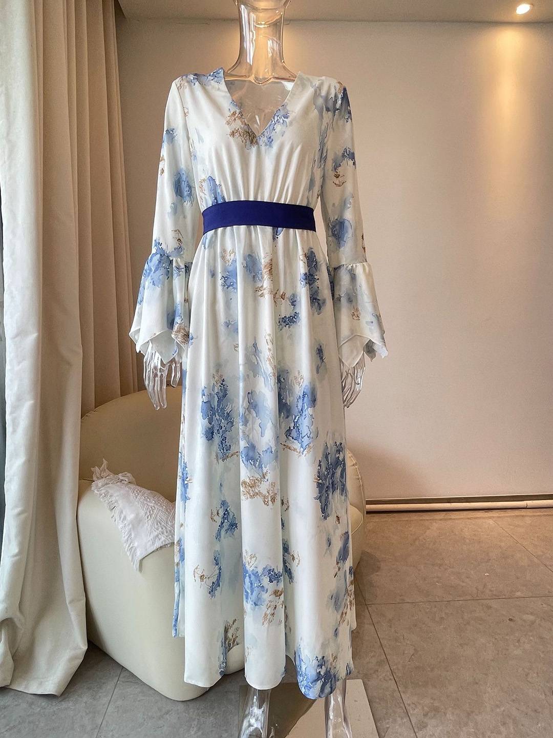 Cocolii robe longue en mousseline imprimé à fleurie v-cou manches évasées manches longues femme vintage bohème