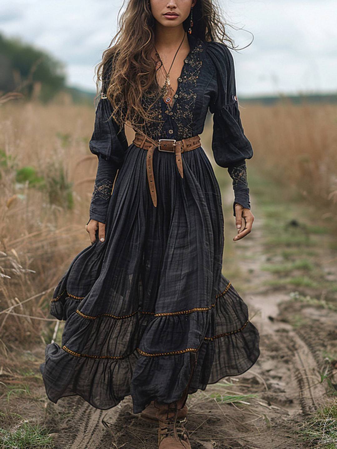 Cocolii robe longue femme bohème vintage v-cou manches longues médiévale décontracté robe paysanne d'automne