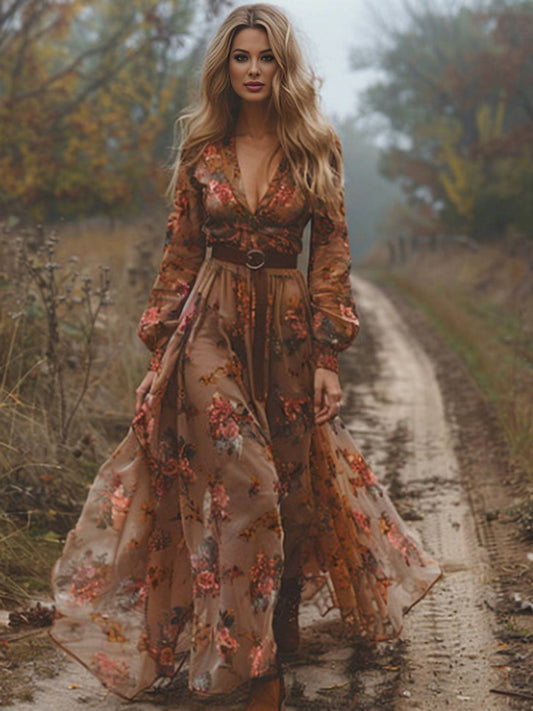 Cocolii robe longue femme bohème fluide v-cou manches longues vintage médiévale décontracté robe en mousseline automne