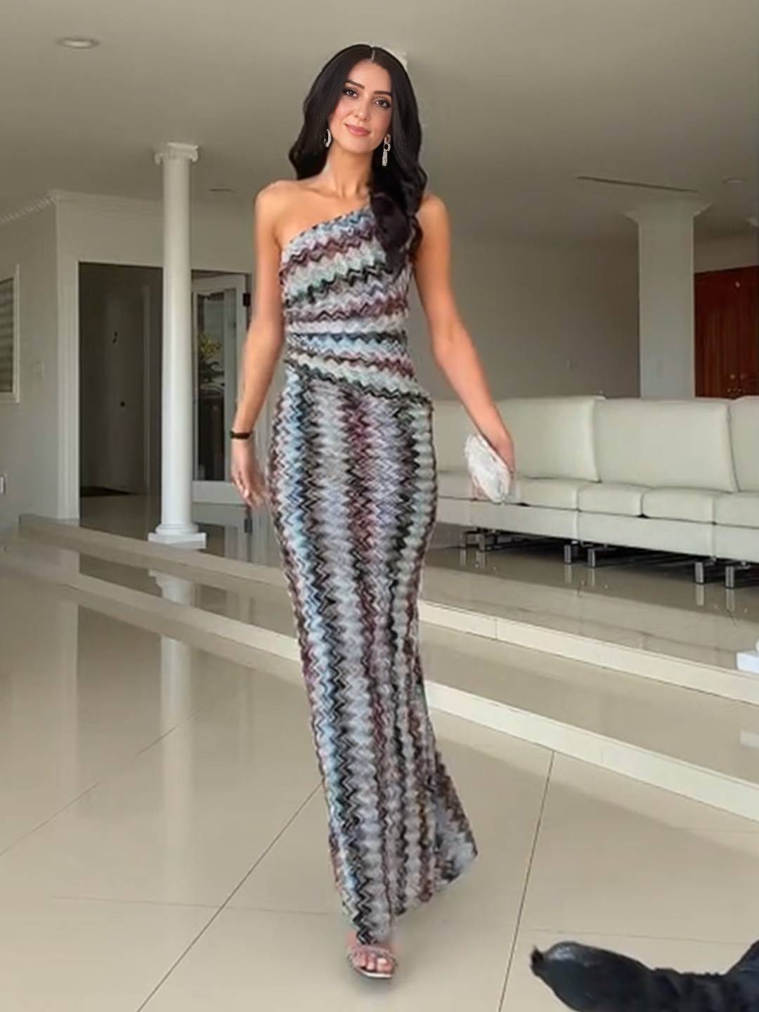 Cocolii longue robe de soirée moulante rayé une épaule sans manches femme élégant décontracté vintage robe de plage