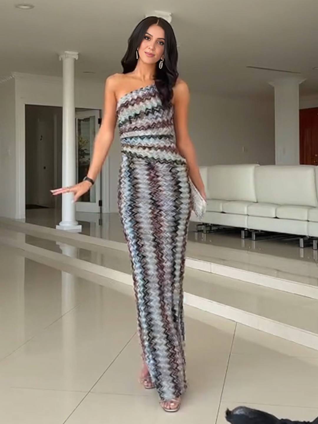 Cocolii longue robe de soirée moulante rayé une épaule sans manches femme élégant décontracté vintage robe de plage