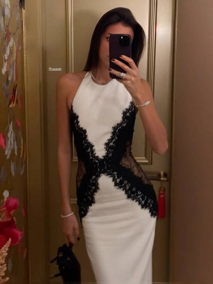 Cocolii robe de soirée longue femme bicolore moulante dentelle fendu dos nu licou sans manches élégant invité mariage cérémonie