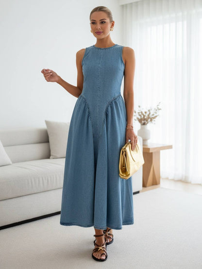 Cocolii robe longue trapèze en jean col rond dos nu sans manches femme casual décontracté vintage tenue