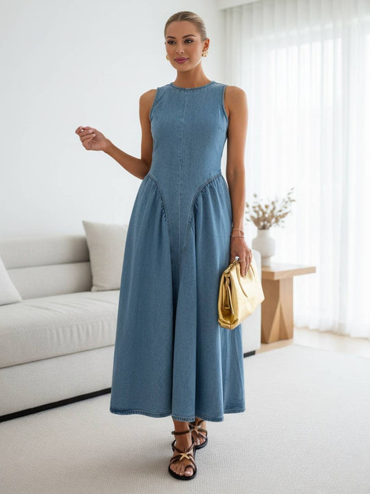 Cocolii robe longue trapèze en jean col rond dos nu sans manches femme casual décontracté vintage tenue