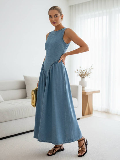 Cocolii robe longue trapèze en jean col rond dos nu sans manches femme casual décontracté vintage tenue