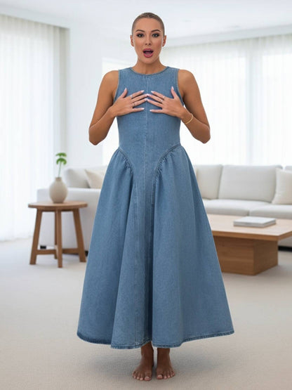 Cocolii robe longue trapèze en jean col rond dos nu sans manches femme casual décontracté vintage tenue