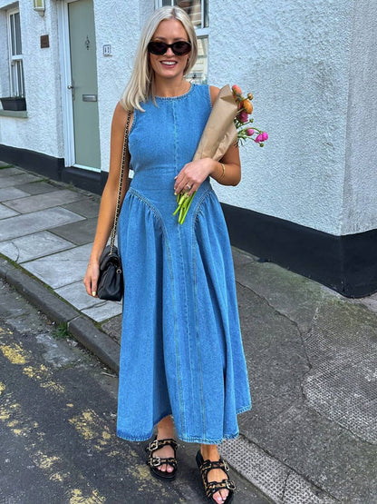 Cocolii robe longue trapèze en jean col rond dos nu sans manches femme casual décontracté vintage tenue