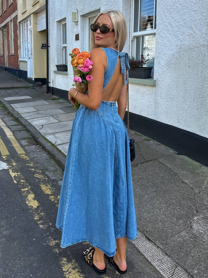 Cocolii robe longue trapèze en jean col rond dos nu sans manches femme casual décontracté vintage tenue