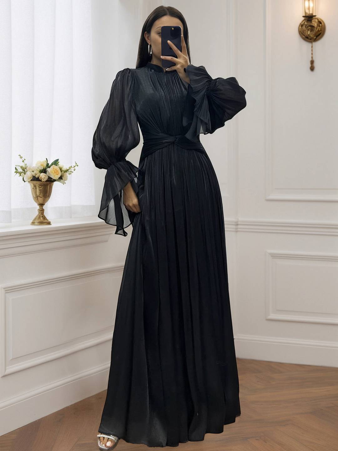 Cocolii robe longue col roulé fluide plissé manches bouffantes manches longues femme médiévale vintage de soirée