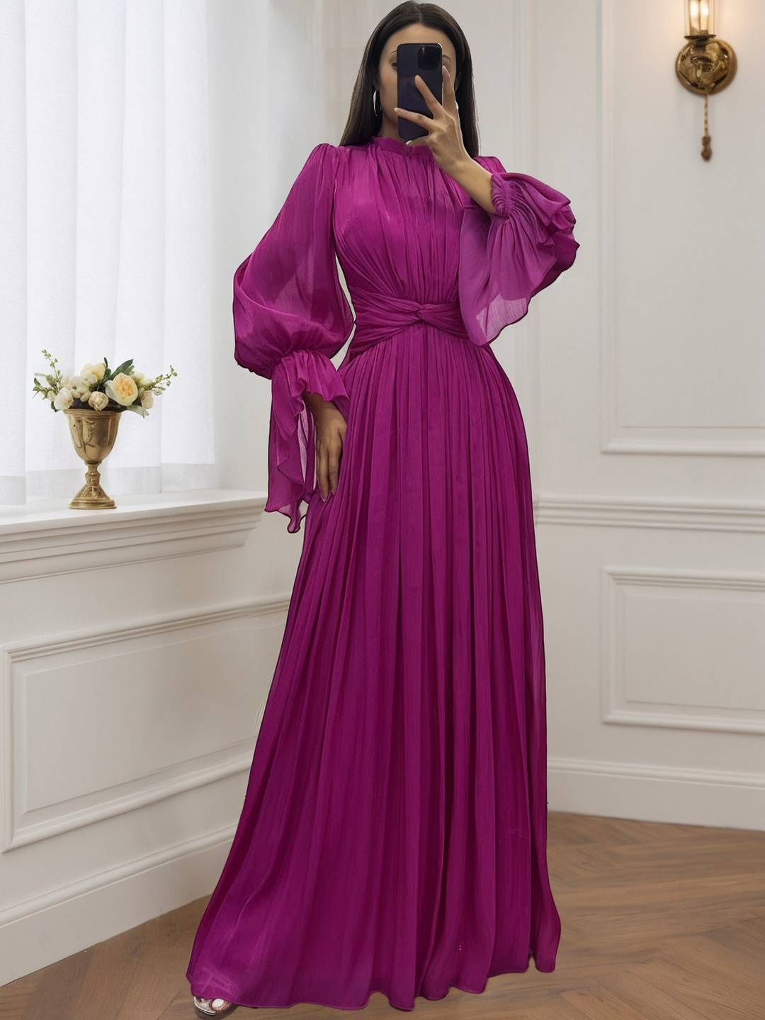 Cocolii robe longue col roulé fluide plissé manches bouffantes manches longues femme médiévale vintage de soirée