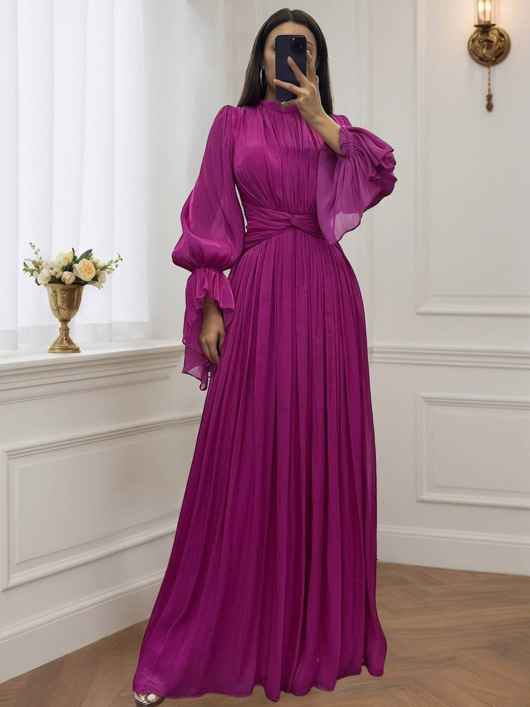 Cocolii robe longue col roulé fluide plissé manches bouffantes manches longues femme médiévale vintage de soirée