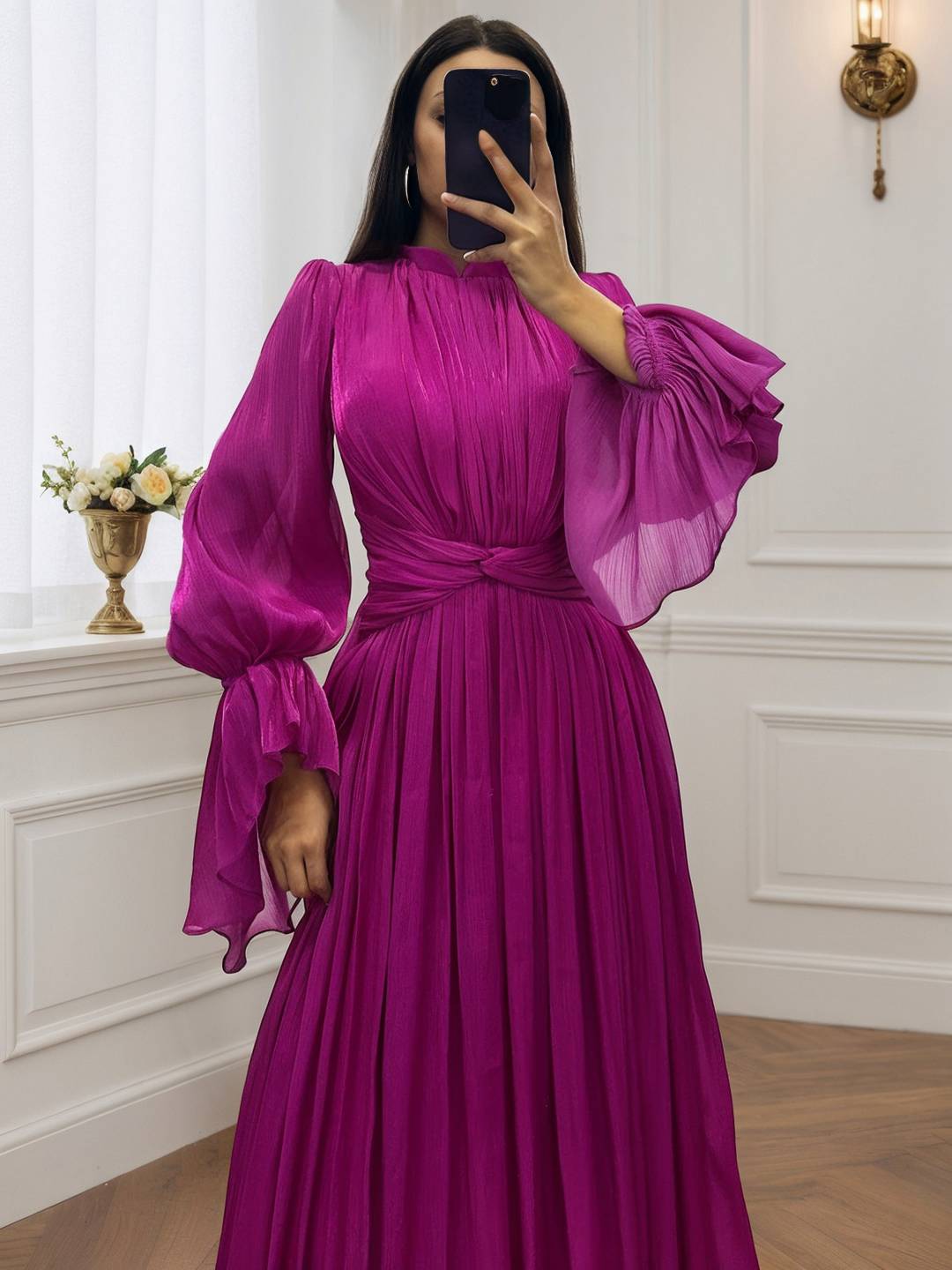 Cocolii robe longue col roulé fluide plissé manches bouffantes manches longues femme médiévale vintage de soirée