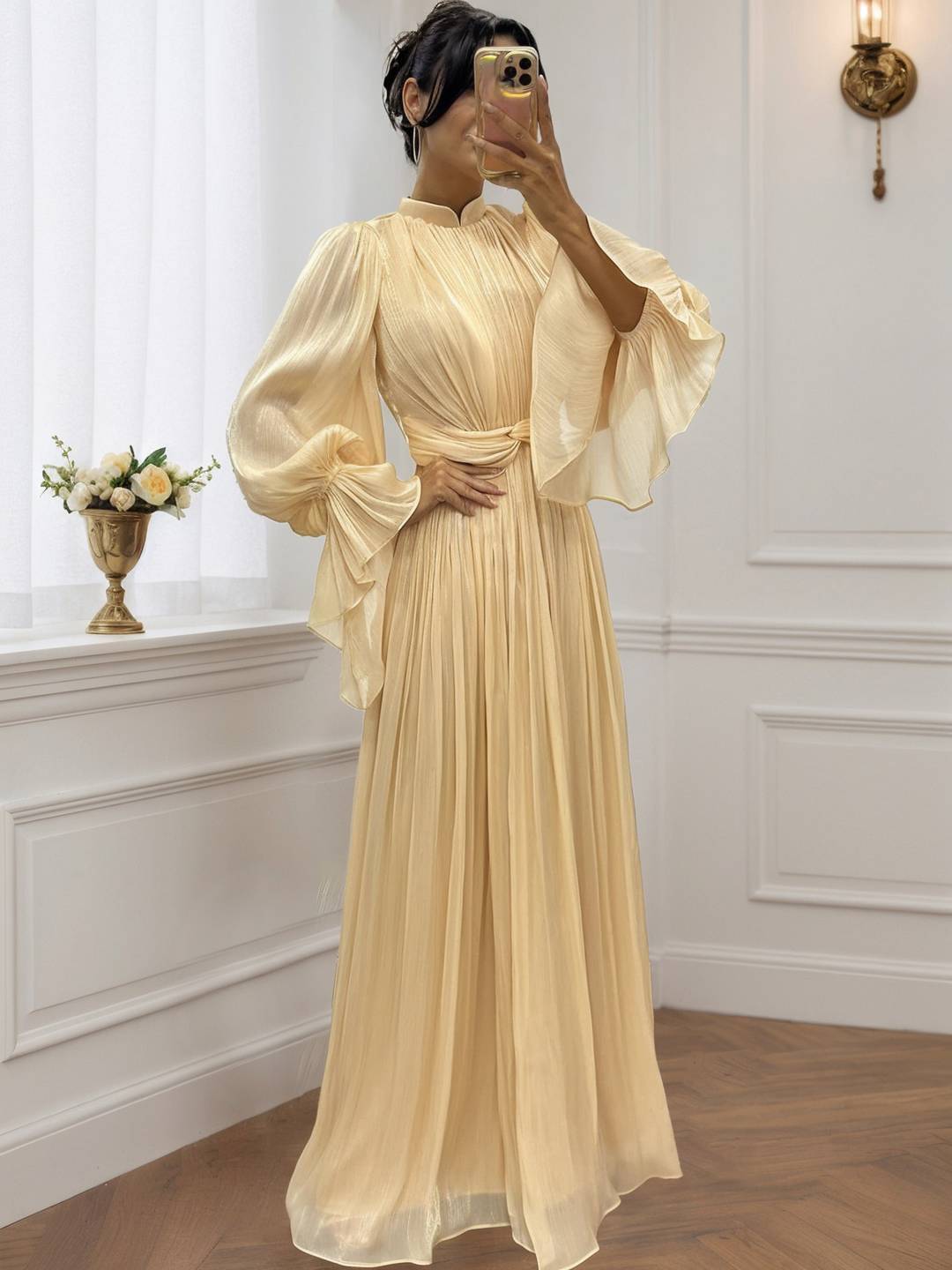 Cocolii robe longue col roulé fluide plissé manches bouffantes manches longues femme médiévale vintage de soirée