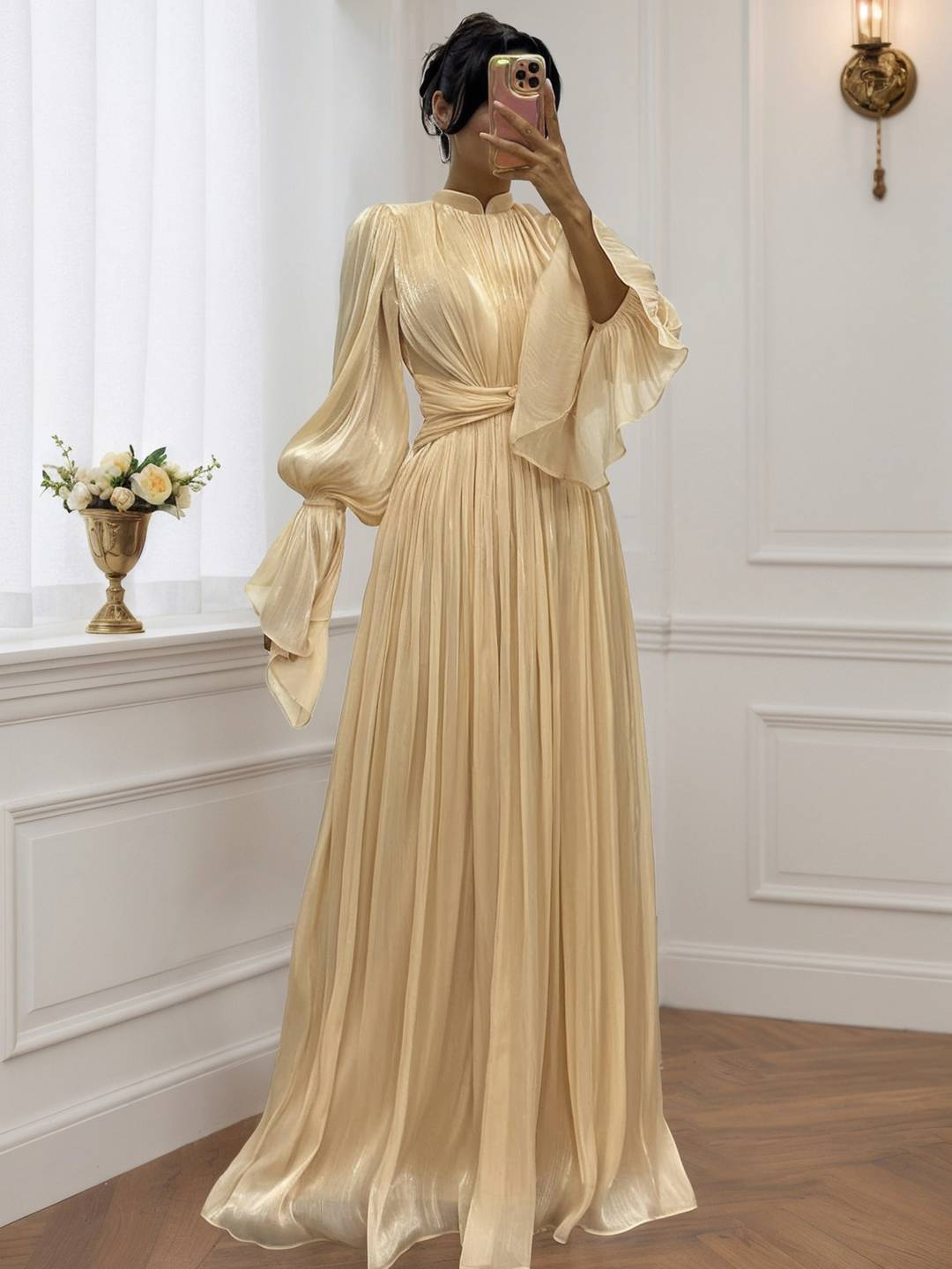 Cocolii robe longue col roulé fluide plissé manches bouffantes manches longues femme médiévale vintage de soirée