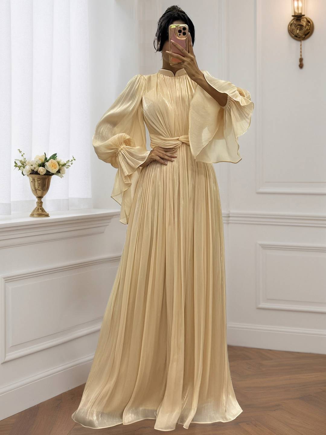 Cocolii robe longue col roulé fluide plissé manches bouffantes manches longues femme médiévale vintage de soirée