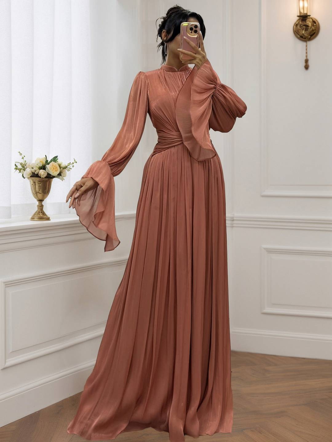 Cocolii robe longue col roulé fluide plissé manches bouffantes manches longues femme médiévale vintage de soirée