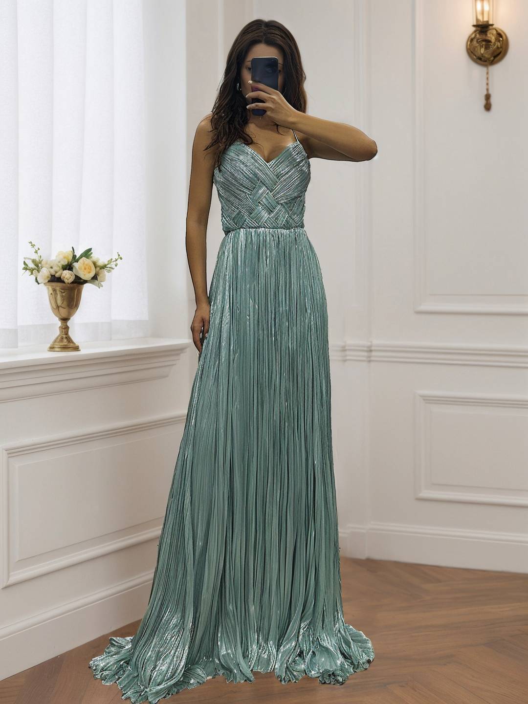 Cocolii robe longue de soirée v-cou cross fluide plissé dos nu sans manches femme élégant vintage bal de promo cérémonie