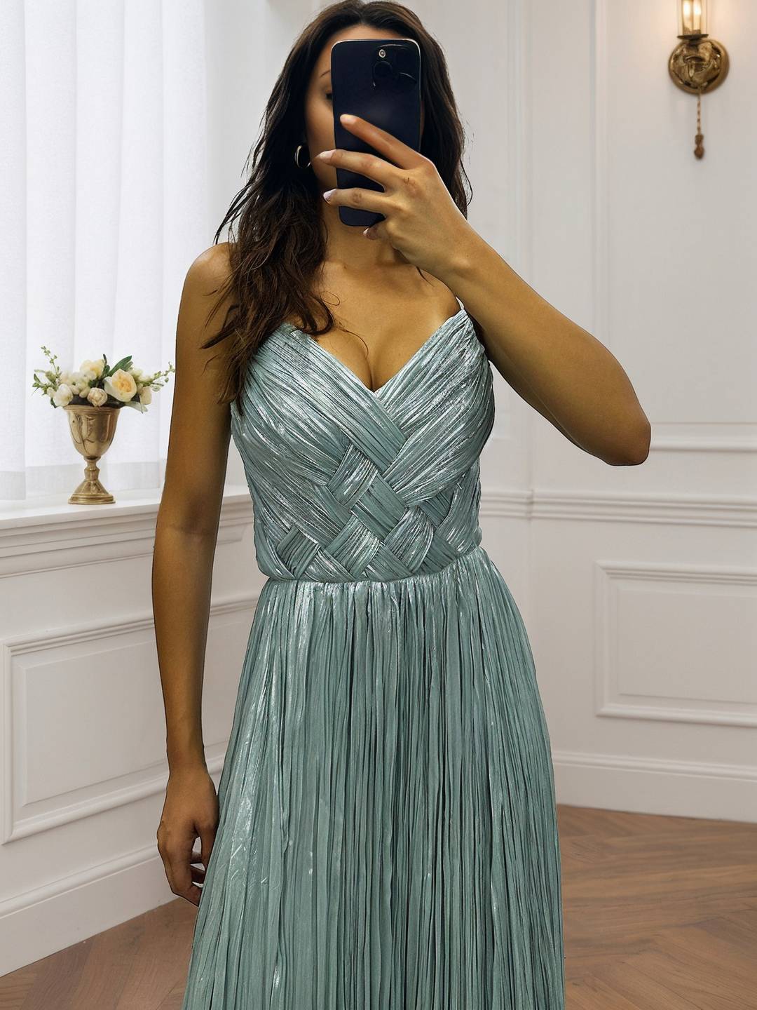 Cocolii robe longue de soirée v-cou cross fluide plissé dos nu sans manches femme élégant vintage bal de promo cérémonie