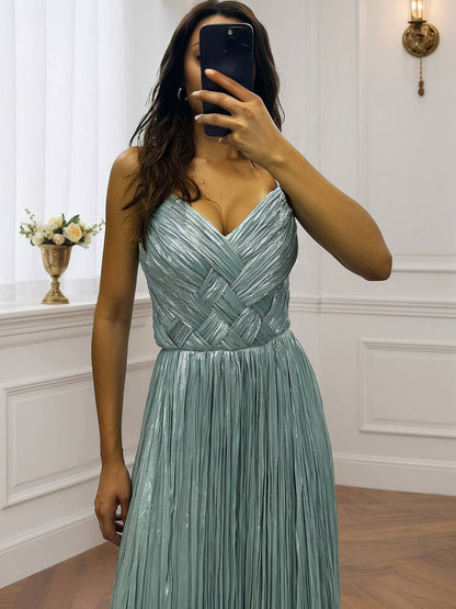 Cocolii robe longue de soirée v-cou cross fluide plissé dos nu sans manches femme élégant vintage bal de promo cérémonie