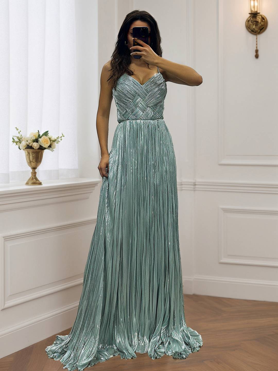 Cocolii robe longue de soirée v-cou cross fluide plissé dos nu sans manches femme élégant vintage bal de promo cérémonie