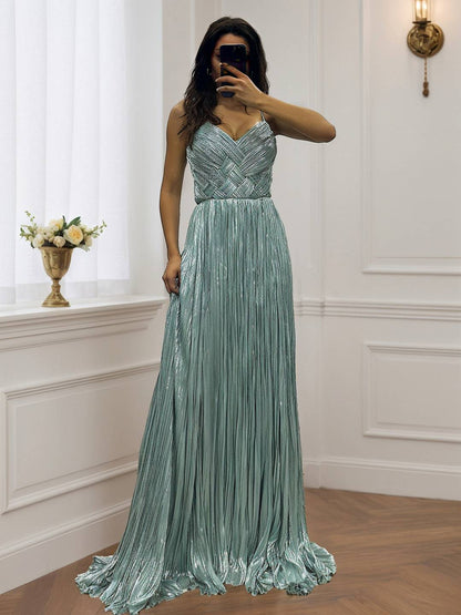 Cocolii robe longue de soirée v-cou cross fluide plissé dos nu sans manches femme élégant vintage bal de promo cérémonie