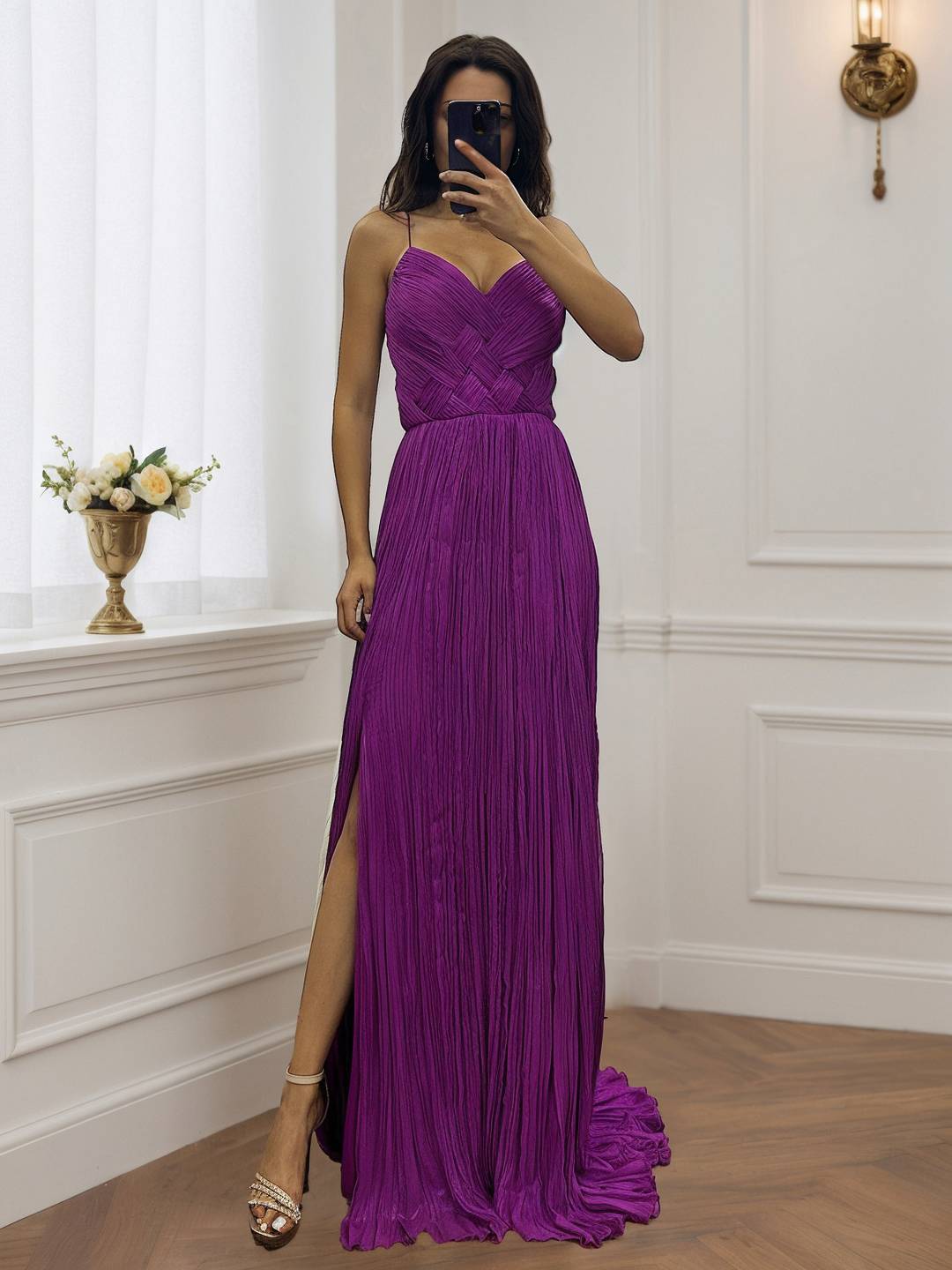 Cocolii robe longue de soirée v-cou cross fluide plissé dos nu sans manches femme élégant vintage bal de promo cérémonie