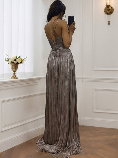 Cocolii robe longue de soirée v-cou cross fluide plissé dos nu sans manches femme élégant vintage bal de promo cérémonie