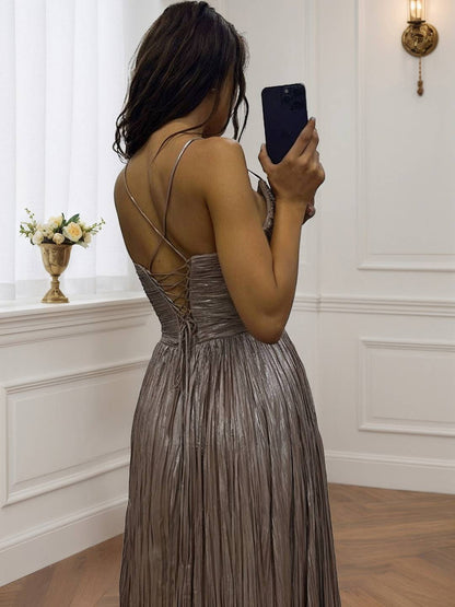 Cocolii robe longue de soirée v-cou cross fluide plissé dos nu sans manches femme élégant vintage bal de promo cérémonie