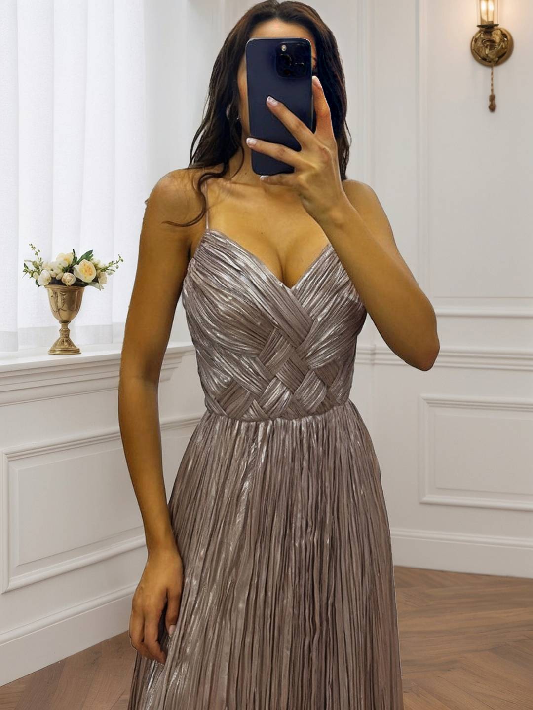 Cocolii robe longue de soirée v-cou cross fluide plissé dos nu sans manches femme élégant vintage bal de promo cérémonie