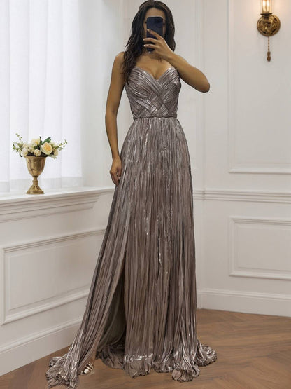 Cocolii robe longue de soirée v-cou cross fluide plissé dos nu sans manches femme élégant vintage bal de promo cérémonie