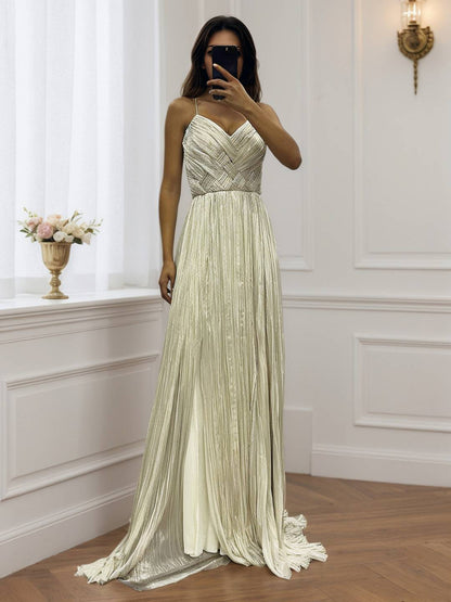 Cocolii robe longue de soirée v-cou cross fluide plissé dos nu sans manches femme élégant vintage bal de promo cérémonie