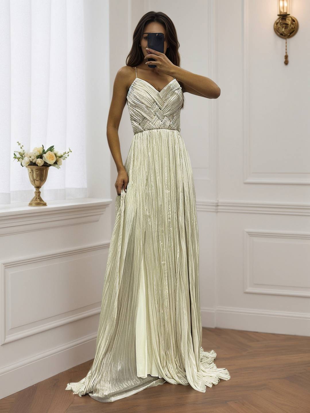 Cocolii robe longue de soirée v-cou cross fluide plissé dos nu sans manches femme élégant vintage bal de promo cérémonie