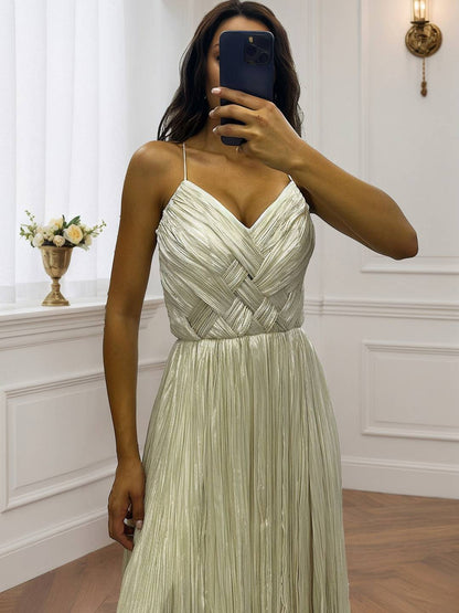 Cocolii robe longue de soirée v-cou cross fluide plissé dos nu sans manches femme élégant vintage bal de promo cérémonie