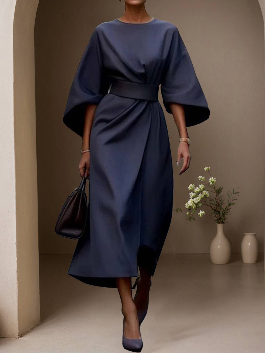 Cocolii robe longue trapèze col rond manches chauve souris manches longues femme élégant ample décontracté de soirée