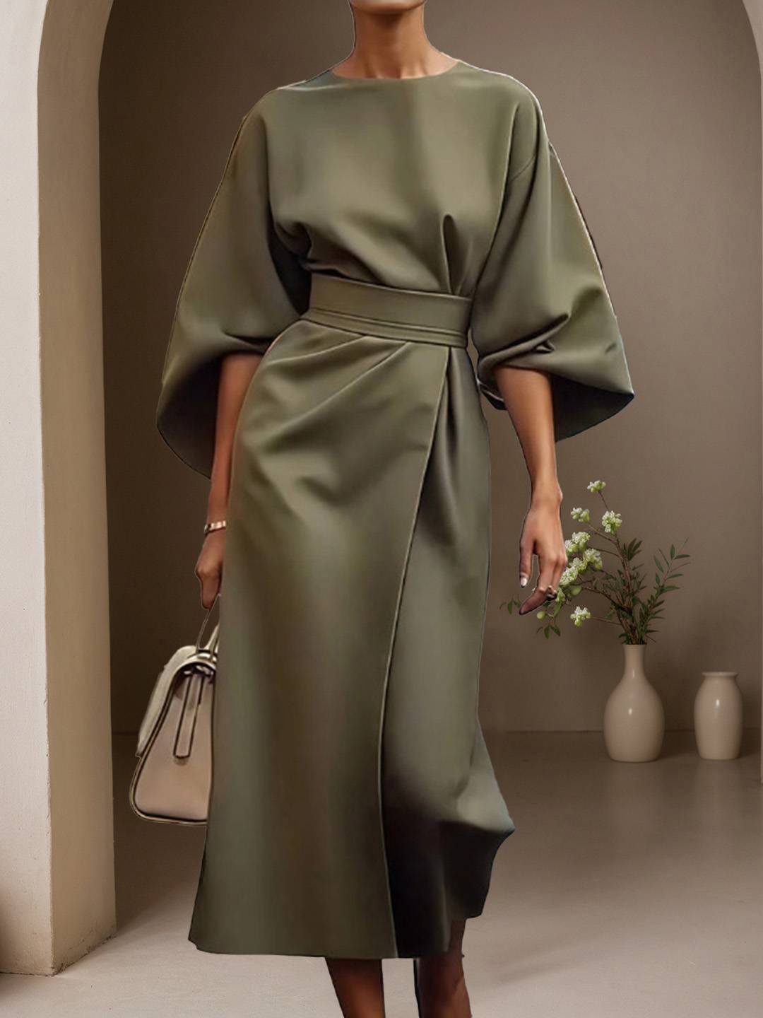 Cocolii robe longue trapèze col rond manches chauve souris manches longues femme élégant ample décontracté de soirée