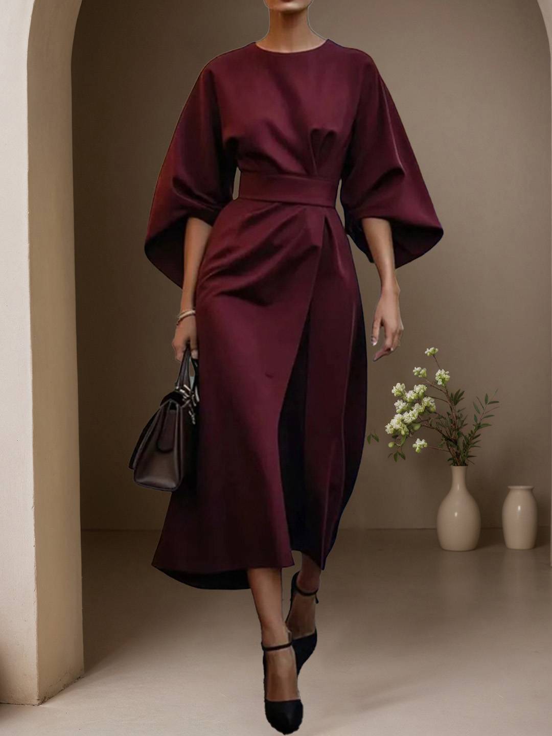 Cocolii robe longue trapèze col rond manches chauve souris manches longues femme élégant ample décontracté de soirée