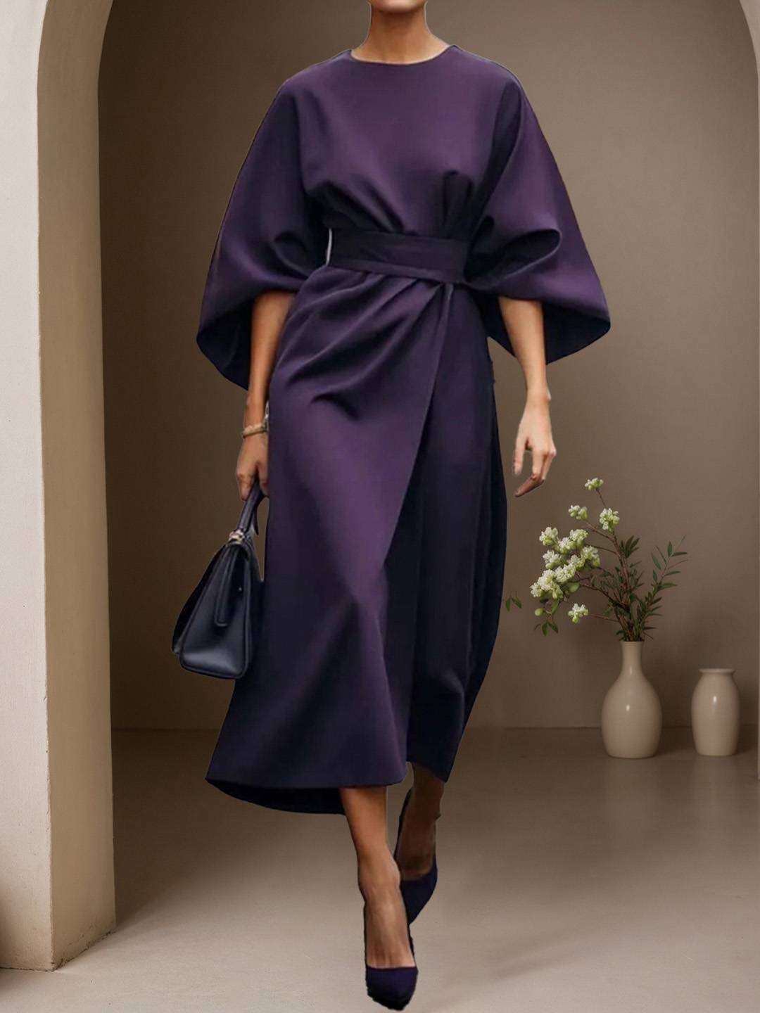 Cocolii robe longue trapèze col rond manches chauve souris manches longues femme élégant ample décontracté de soirée