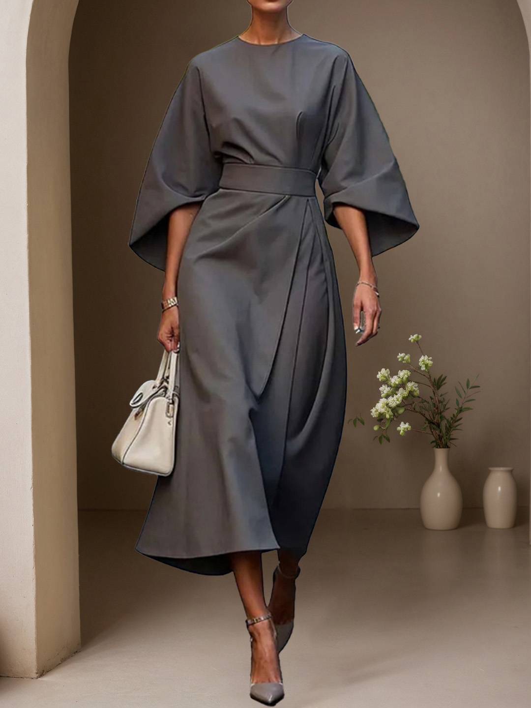 Cocolii robe longue trapèze col rond manches chauve souris manches longues femme élégant ample décontracté de soirée