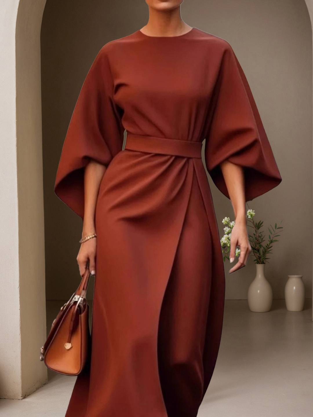 Cocolii robe longue trapèze col rond manches chauve souris manches longues femme élégant ample décontracté de soirée