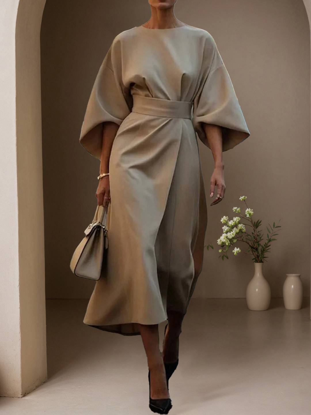 Cocolii robe longue trapèze col rond manches chauve souris manches longues femme élégant ample décontracté de soirée