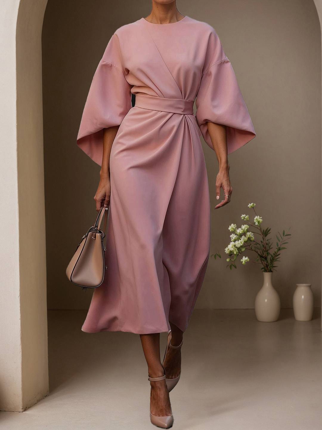 Cocolii robe longue trapèze col rond manches chauve souris manches longues femme élégant ample décontracté de soirée