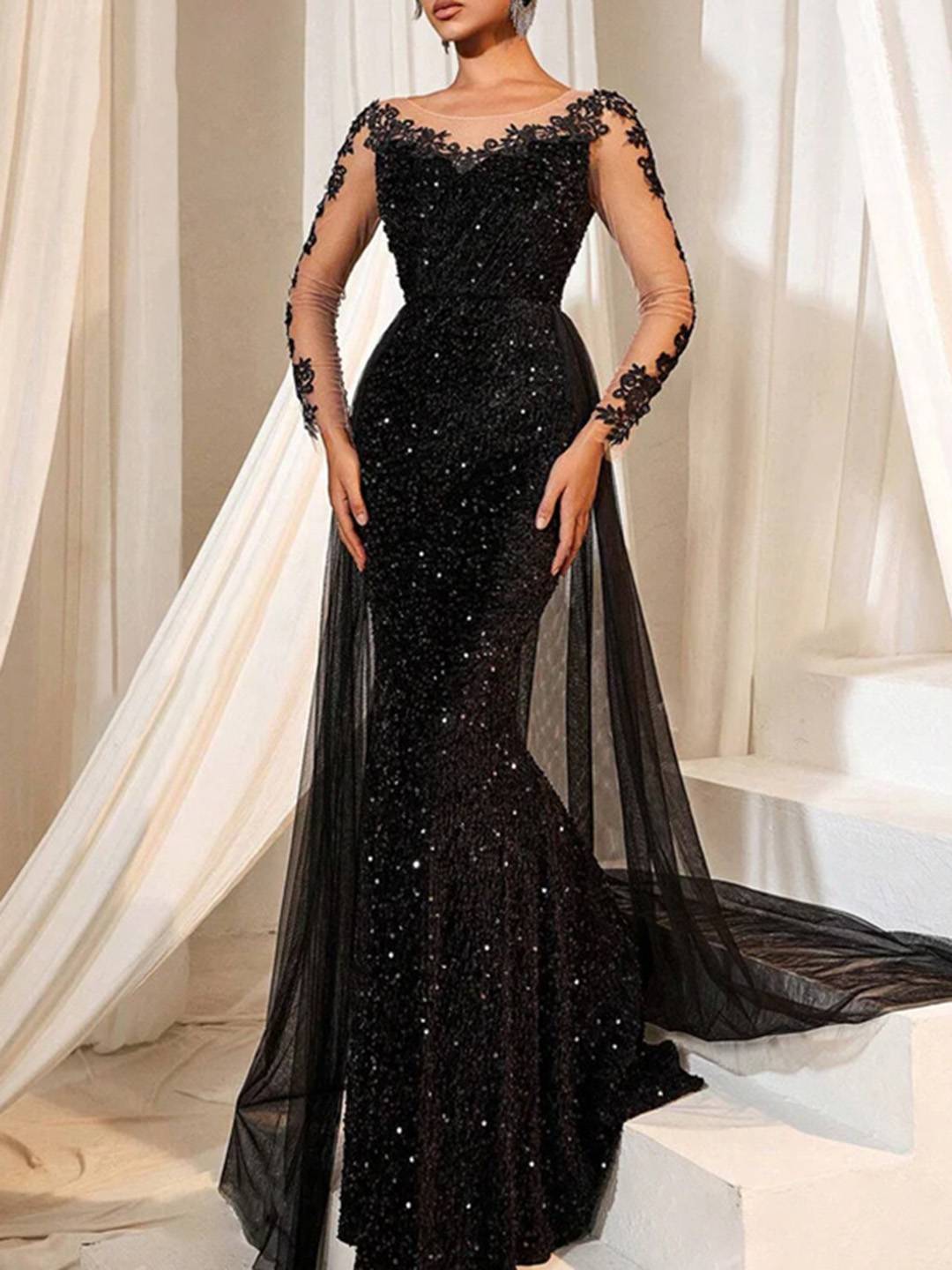 Cocolii longue robe de soirée femme dentelle sirène brillante paillette avec sur-jupe en tulle manches longues cérémonie